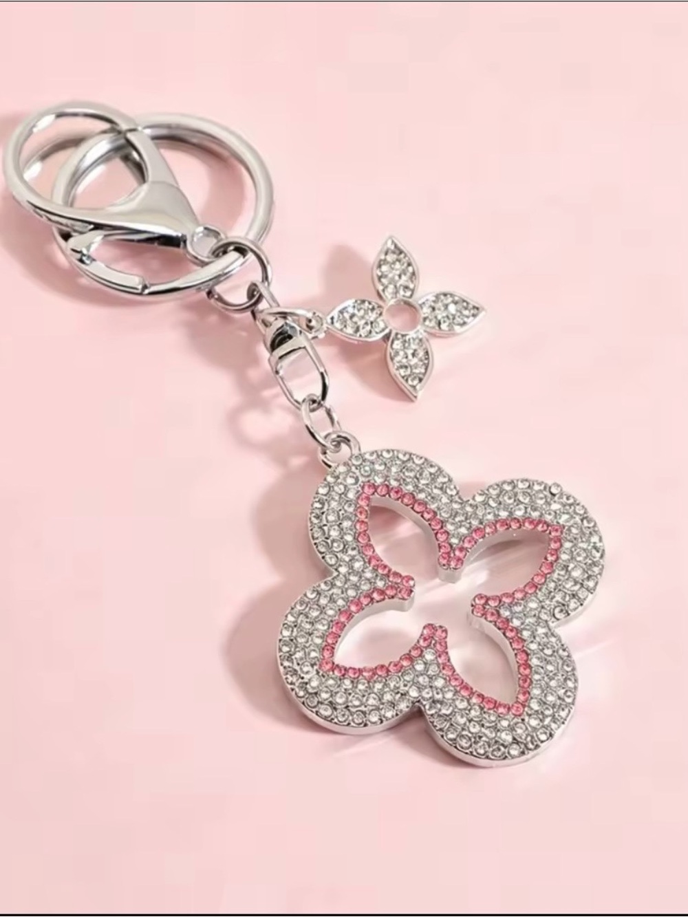 Blooming Flowers Crystal Keychain Bag Charm Silver with Light Pink Accents NWOT